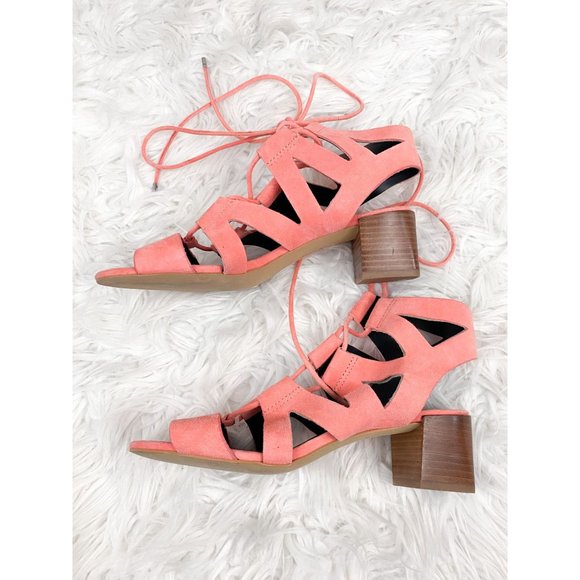 Rebecca Minkoff Issa Coral Pink Orange Gladiator Lace Up Block Heel Sandals 6 - Picture 2 of 6